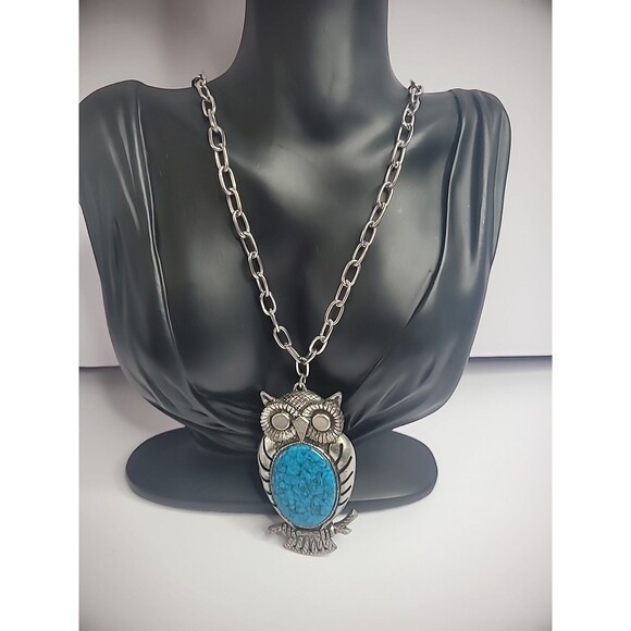 Vintage Silver Tone Owl Pendant Chain Necklace Blue Stone Jewelry Costume - Picture 4 of 12